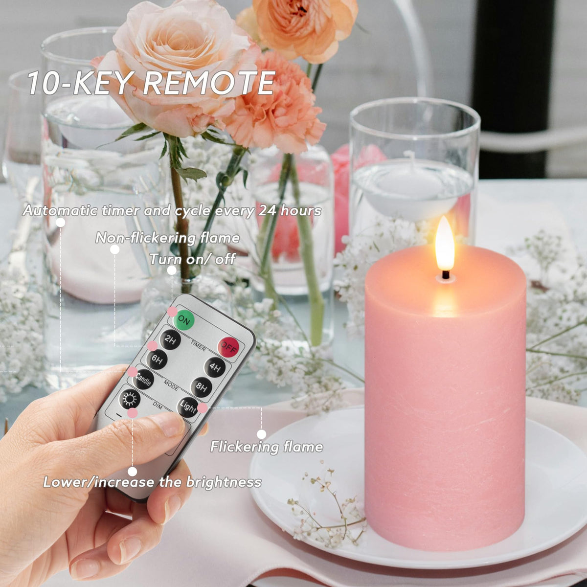 AFINETH Pink Flameless Candles, Real Wax Pillar Battery Operated Candles, Flat Top Flickering LED Pillar Candles with Remote, 4 Pack Fake Candles for Home Party Wedding Romantic Night Decor