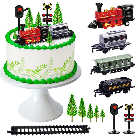 MEMOVAN Train Cake Toppers 13pcs Train Cake Decorations Mini Trains Toy Traffic Track Railway Lights Cake Topper Decorations for Boy's Kids Steam Trains Theme Birthday Party Supplies
