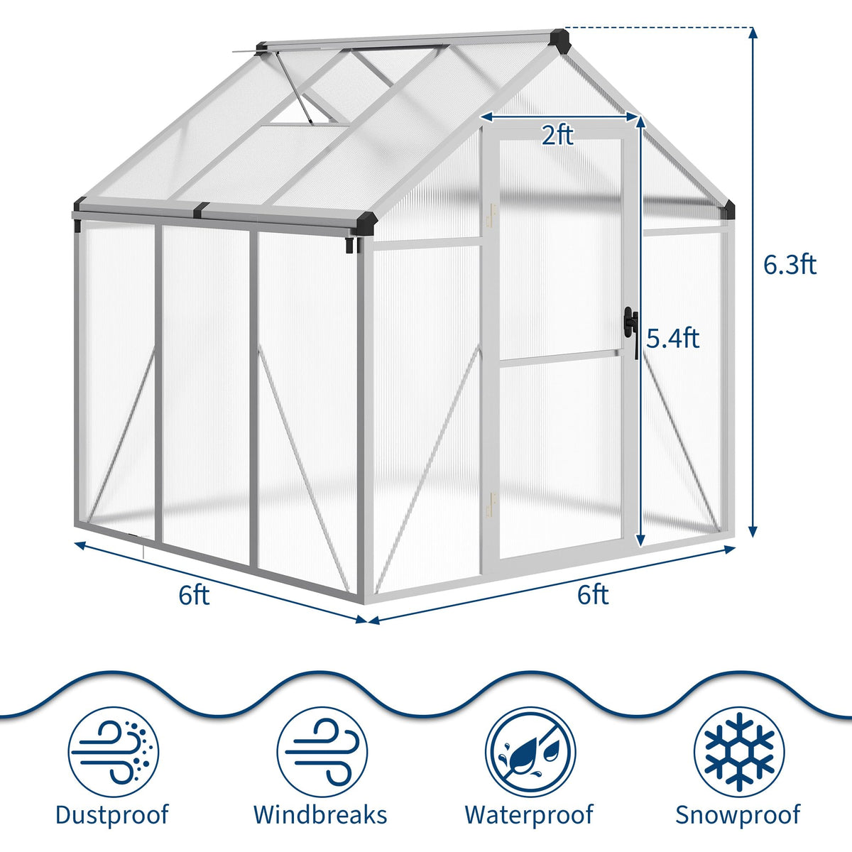 6×6 FT Greenhouse, Large Walk in Greenhouses for Outdoors and Garden Planting, Polycarbonate Greenhouse with Enhanced Aluminum Frame, Green Houses with Quick Setup Structure and Roof Vent, Silver