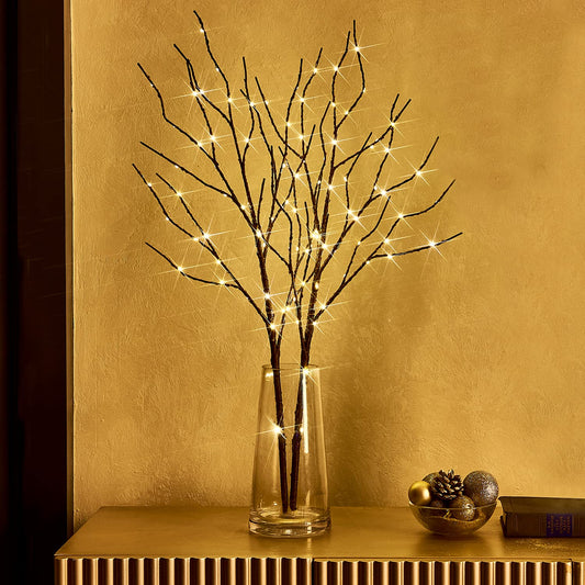 Fudios Lighted Brown Branches with Timer 32 in 100 LED for Vases Battery Operated, Artificial Willow Branch Twigs with Warm White Lights for Christmas Holiday Party Decor
