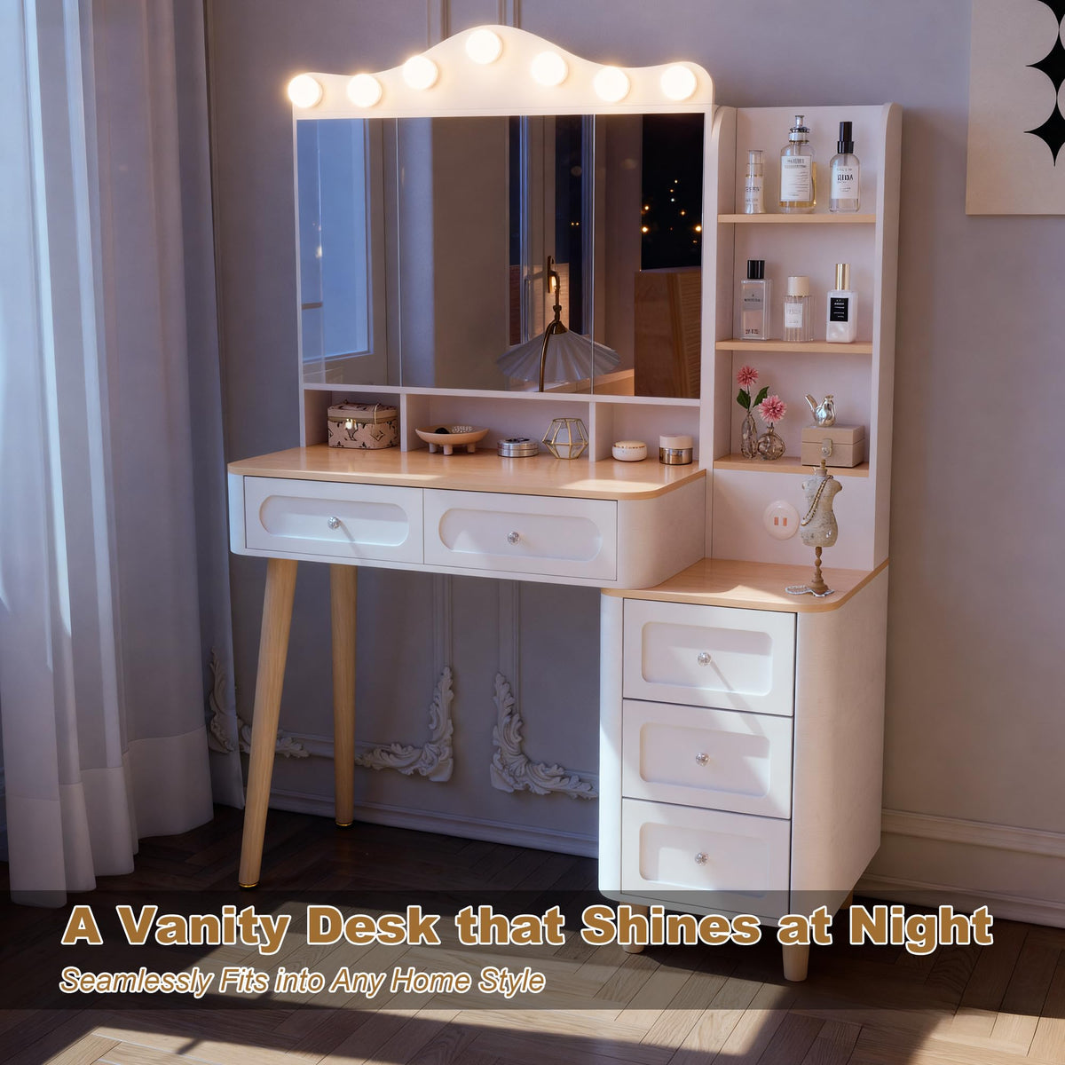 KEIKI Vanity Desk with Adjustable LED Lighted Mirror & USB Ports, Makeup Vanity Table Set with & Foldable 3-Sided Mirror & Large 5 Storage Drawers & Chest for Women and Girls Bedroom Dorm