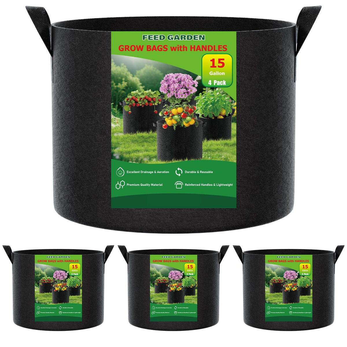 FEED GARDEN 15 Gallon Grow Bags 4 Pack – Heavy Duty 300G Thick Fabric Plant Pots with Reinforced Handles, Breathable Drainage Planters for Tomatoes, Potatoes & Large Vegetables Indoor Outdoor