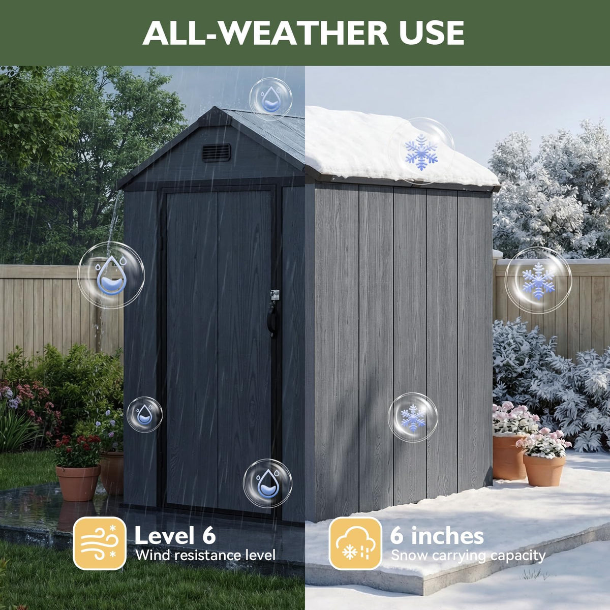 Aoxun 4x6 FT Resin Shed with Reinforced Floor, Built-in Magnetic Suction Light, All-Weather Plastic Outdoor Storage Shed, Lockable Door, Window & Vents for Garden, Patio, Bike & Garbage Can, Dark Gray