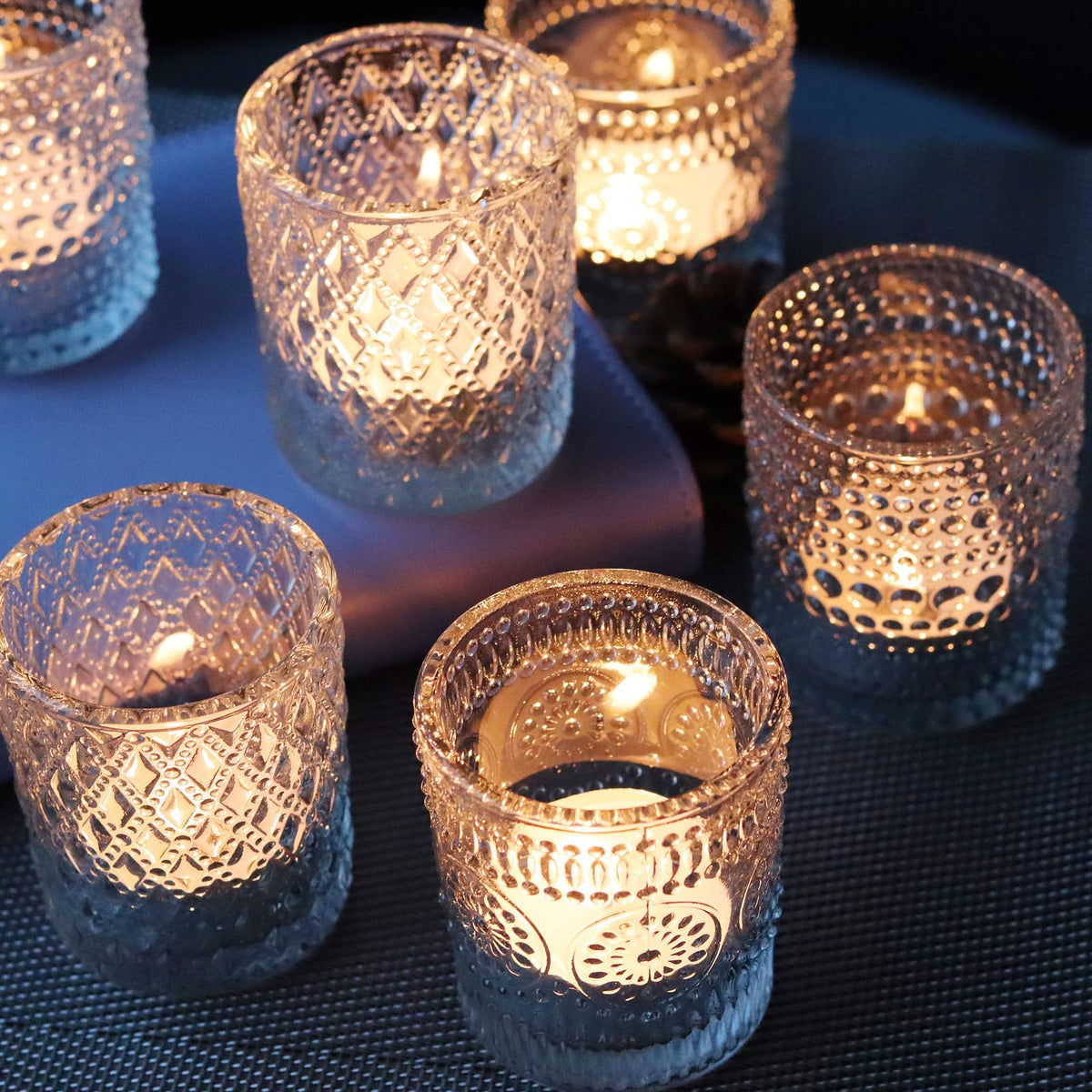 Clear Glass Votive Candle Holders, 12 pcs 3 Patterns Tealight Candle Holders for Wedding Table Centerpiece Birthday Party Thanksgiving Christmas Decoration