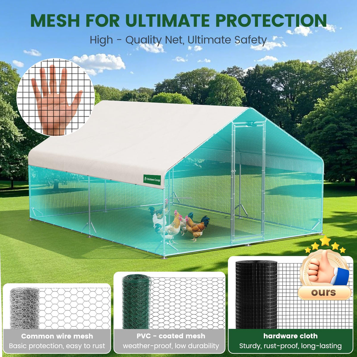 Large Chicken Coop with Chicken Run & Hardware Cloth, Solar Light, Waterproof & UV-Resistant Cover, Outdoor Poultry Cage for Farm Use,2 Room