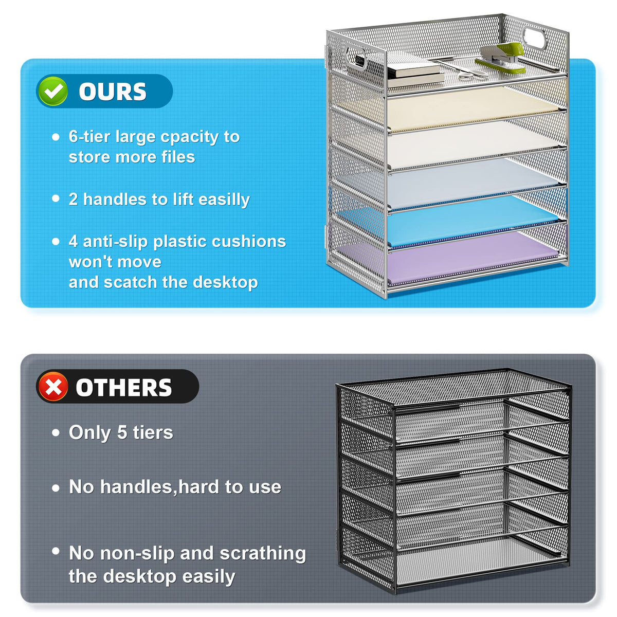 Marbrasse 2 Pack Desk Organizer with Handle, 6 Tier Paper Letter Tray, Mesh Desk File Organizer for Office, School and Home - Silver