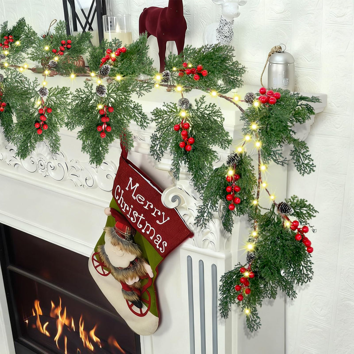 2025 New 6.56FT Christmas Garland Lights with 96 LED 8 Flash Modes Battery Operated Cypress Garland with Timer Lighted Xmas Pine Garland Christmas Decor for Mantle Fireplace Table Stairs Holiday