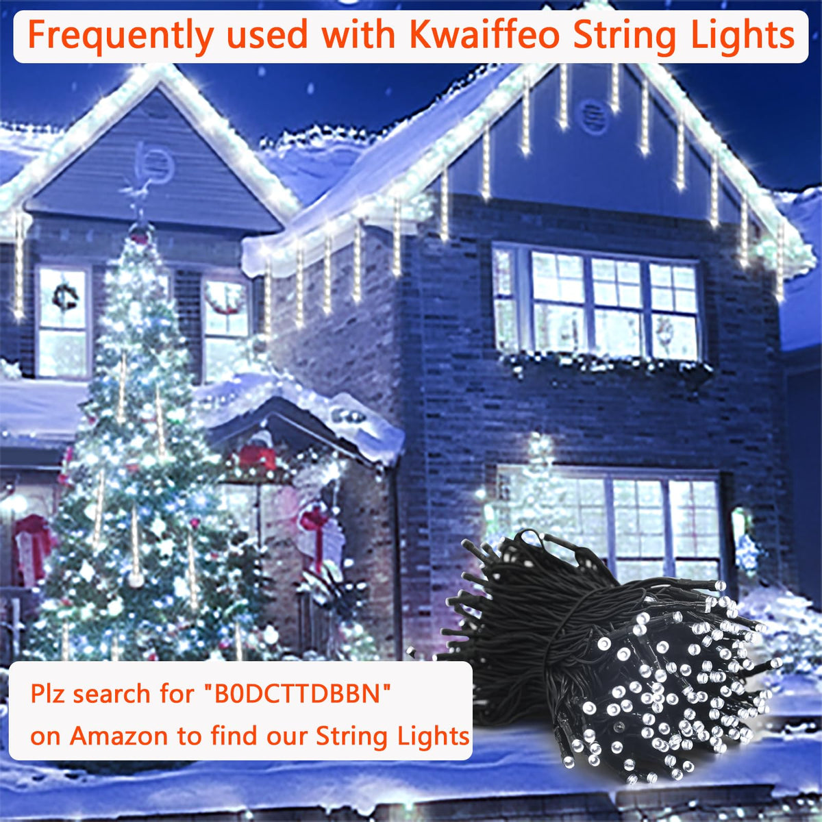 Kwaiffeo Christmas Lights Outdoor, 8 Tubes Meteor Shower Lights LED Snow Falling Icicle Cascading Light for Xmas Tree Wedding Decoration Party, UL Plug, White