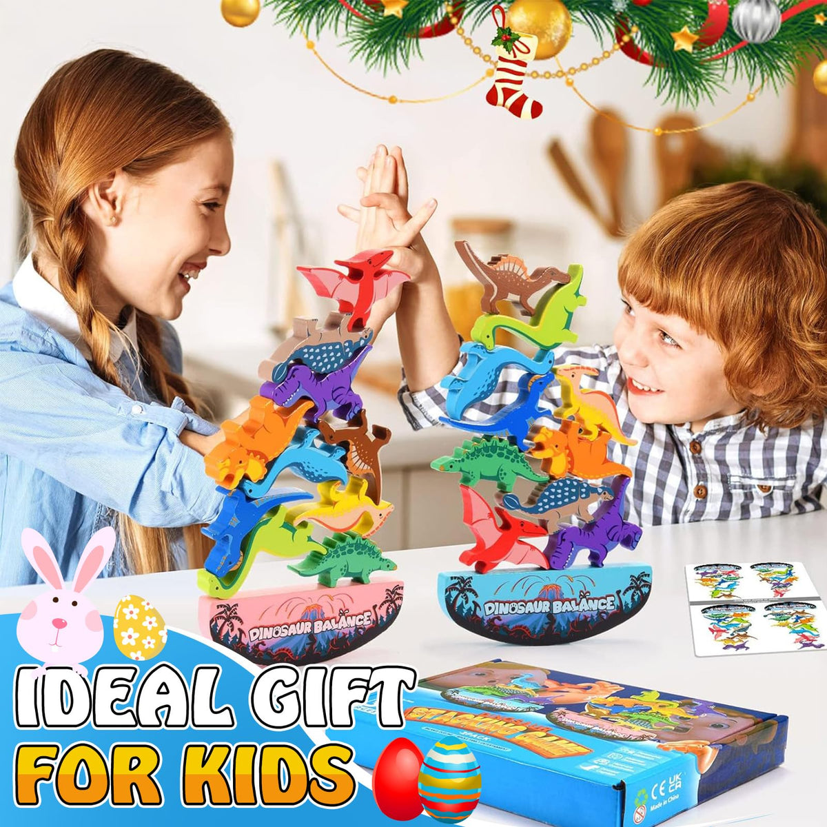 IPOURUP Dinosaur Toys for Kids 3-5: Wooden Stacking Montessori Toys for 3 4 5 6 7 Year Old Balance Competition Game for Family Ideal Christmas Birthday Gifts for Kids Ages 3-7 (Double Version)