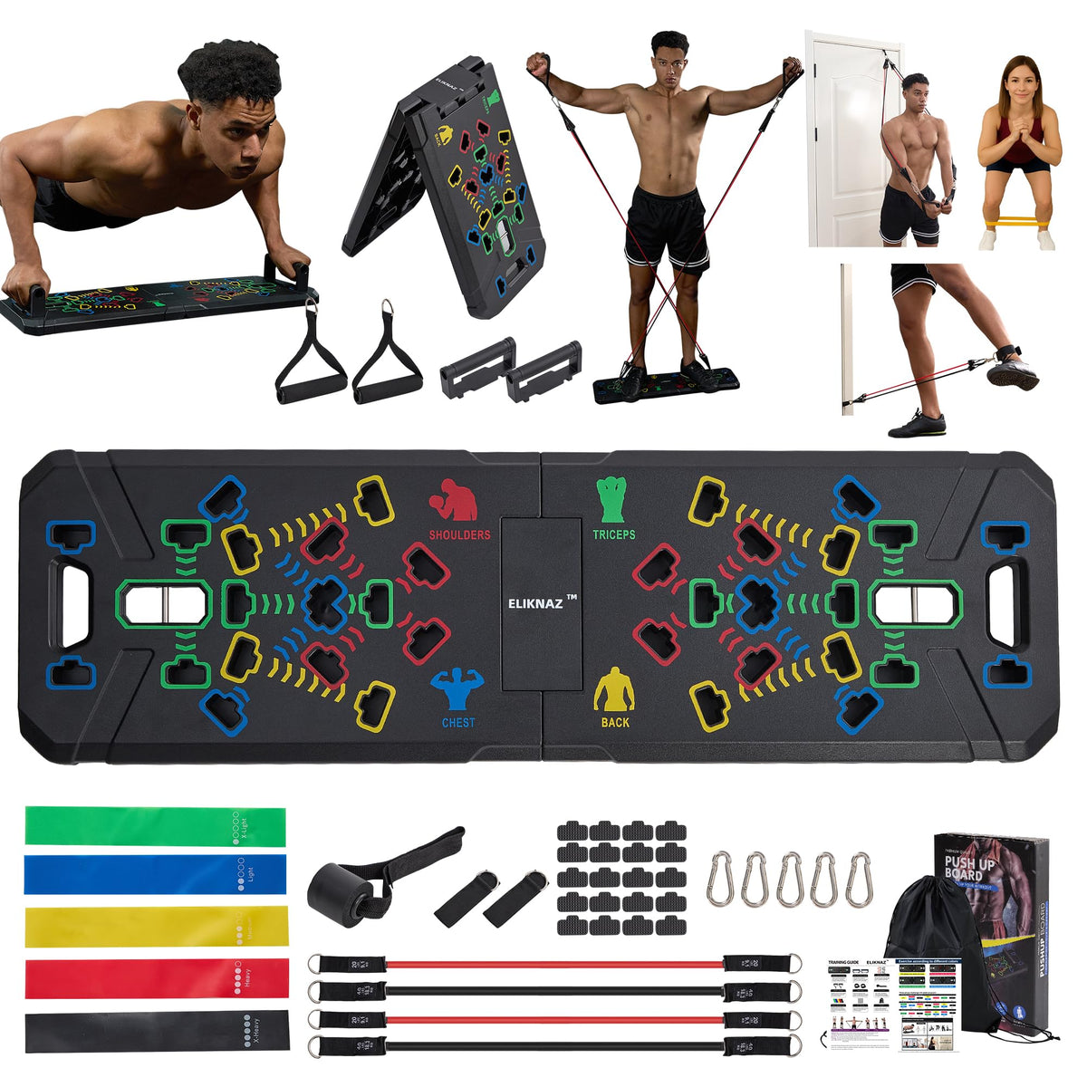 Eliknaz Portable Push Up Board Gym Kit 25-in-1, Foldable Push Up Station & Exercise Board Workout Set with 18 Accessories, Resistance Bands & Handles, Ankle Straps for Men, Women & Teens