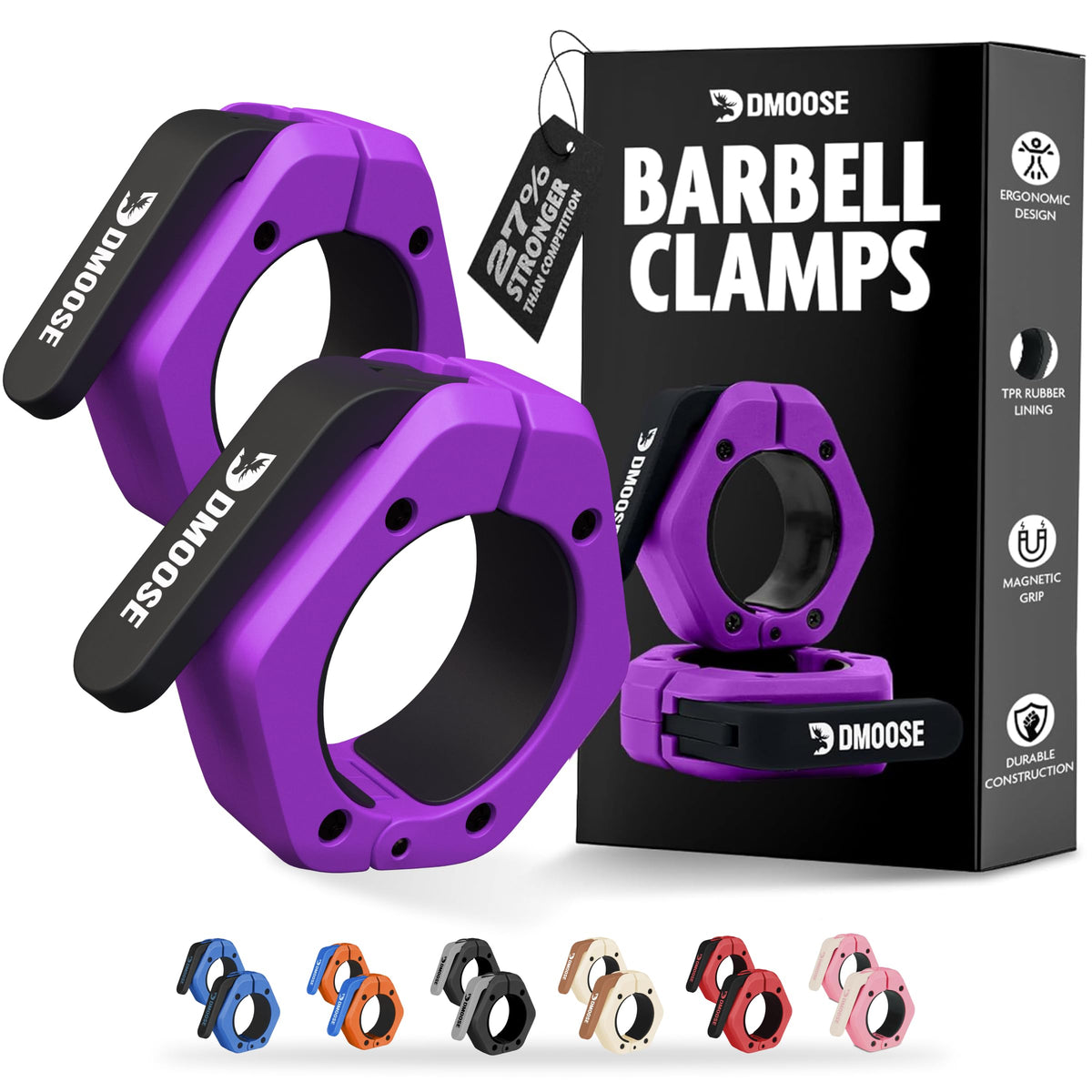 DMoose Barbell Clips (Pair) - Quick Release Olympic Barbell Clamps with Anti Slip TPR Grip, 2" Barbell Collars for Secure Weightlifting & Powerlifting (Purple & Black - Magnetic)