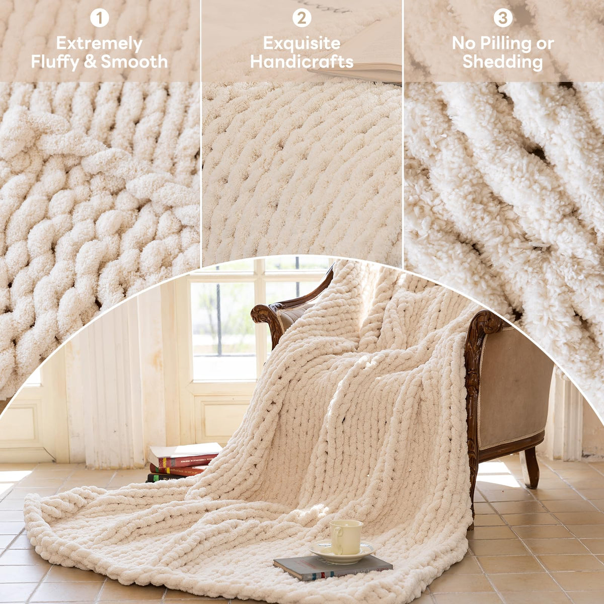 Larexius Chunky Knit Blanket - Luxury Soft Cozy 50 * 60 Throw Blanket,100% Woven Blanket Rope Knot Throw Blanket for Couch, Sofa, Home Decor, Gift - Machine Washable (Cream, 50 * 60)