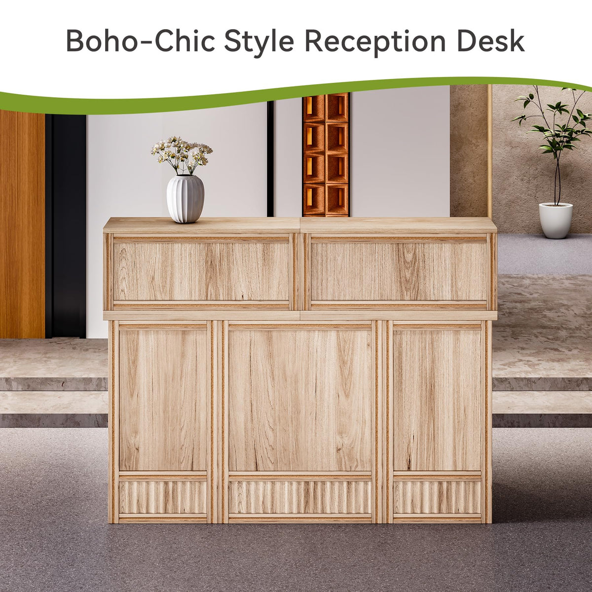 LITTLE TREE 57-Inch Reception Counter, Boho Style Front Desk, Modern Checkout Counter, Reception Desk for Retail, Lobby, Salon, Office, Oak