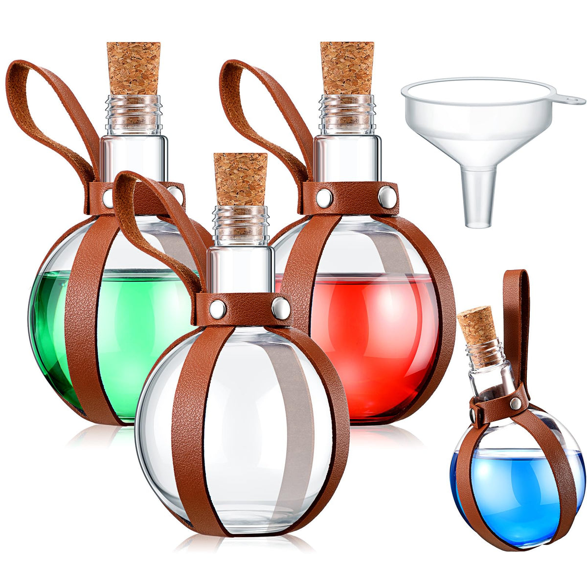 Baderke 3 Set 8 oz Plastic Potion Bottle with Cork Stopper Cosplay Accessories with Leather Belt Witch Cosplay Props Decorative Round Spherical Bottles for Halloween Party Decorations (Coffee)