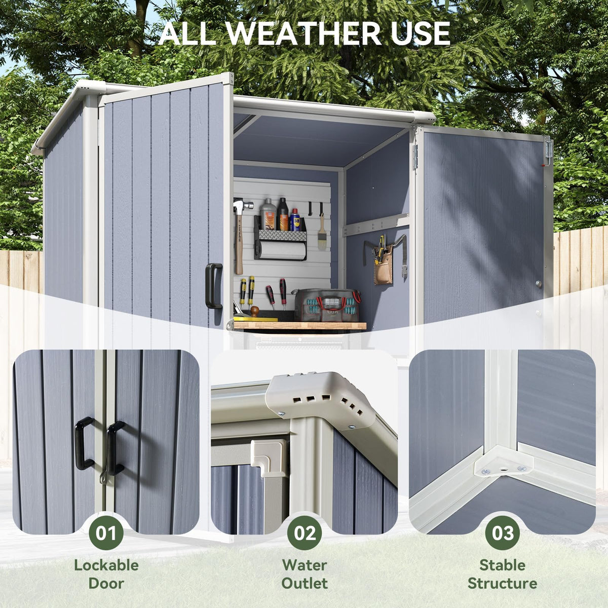 Aoxun 5 x 3 FT Outdoor Storage Shed, Resin Shed with Floor & Lockable Doors, Small Garden Shed Waterproof Plastic Tool Shed with Sloped Roof for Backyard, Garden, Patio, Lawn, Grey