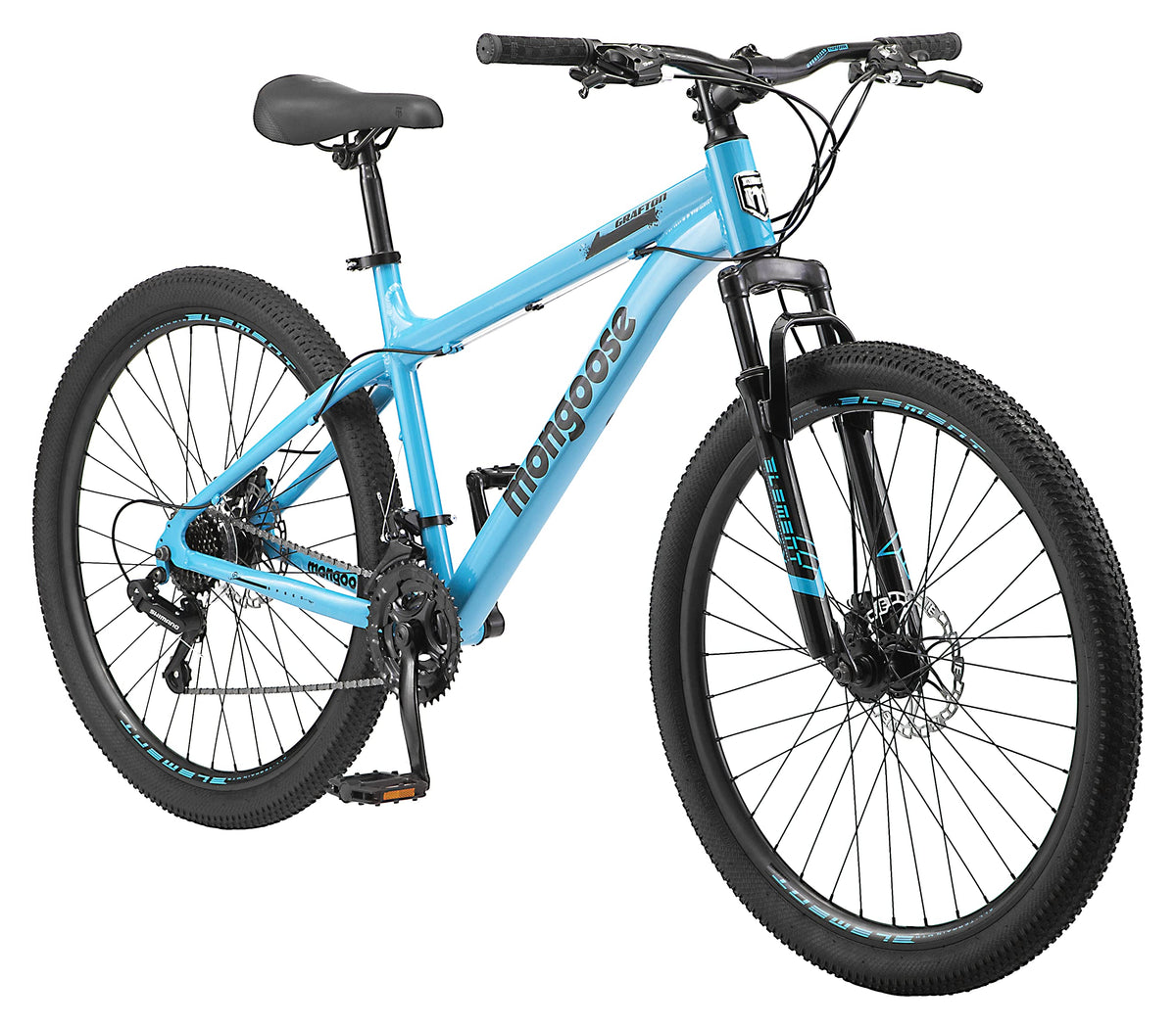 Mongoose Grafton Mountain Bike, 27.5 Inch Bike for Men and Women, 21 Speed, Aluminum Frame, Knobby Mountain Tires, Suspension Fork, Trigger Shifters, Mechanical Disc Brakes, Adult Bicycle