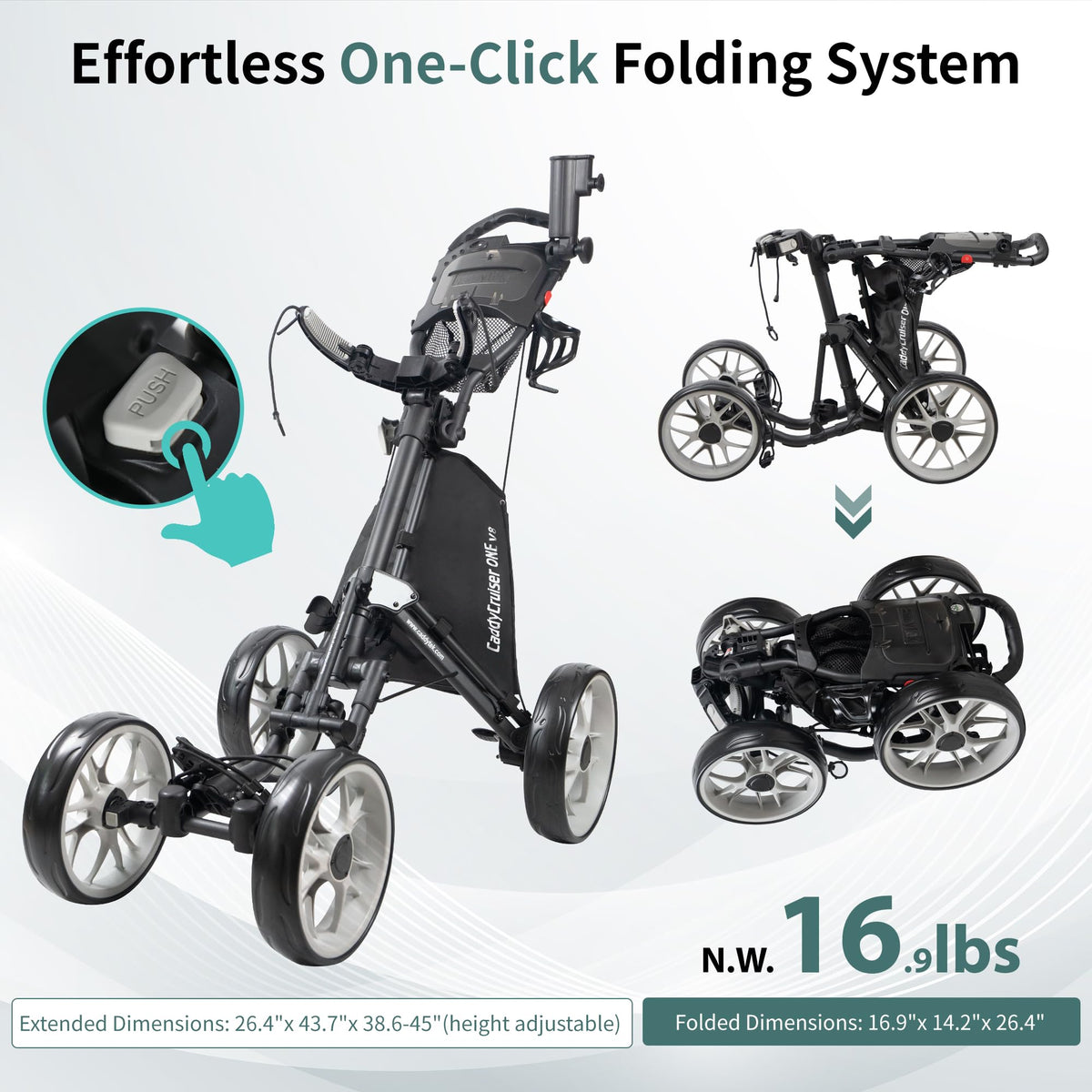 Caddytek CaddyCruiser ONE V8 4 Wheel Golf Push Cart - Lightweight Aluminum Foldable Cart with EVA Wheels, Foot Brake, Adjustable Handle, Cooler Basket, Umbrella Holder, Drink Holder, Scorecard Console