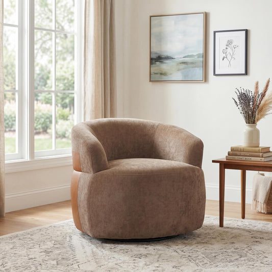 Christopher Knight Home Eldie Fabric Upholstered Swivel Accent Chair with PU Leather Accent, 360-Degree Rotation Armchair, Swivel Barrel Chair with Steel Base+Wood Frame, Lounge Chair Indoor, Brown