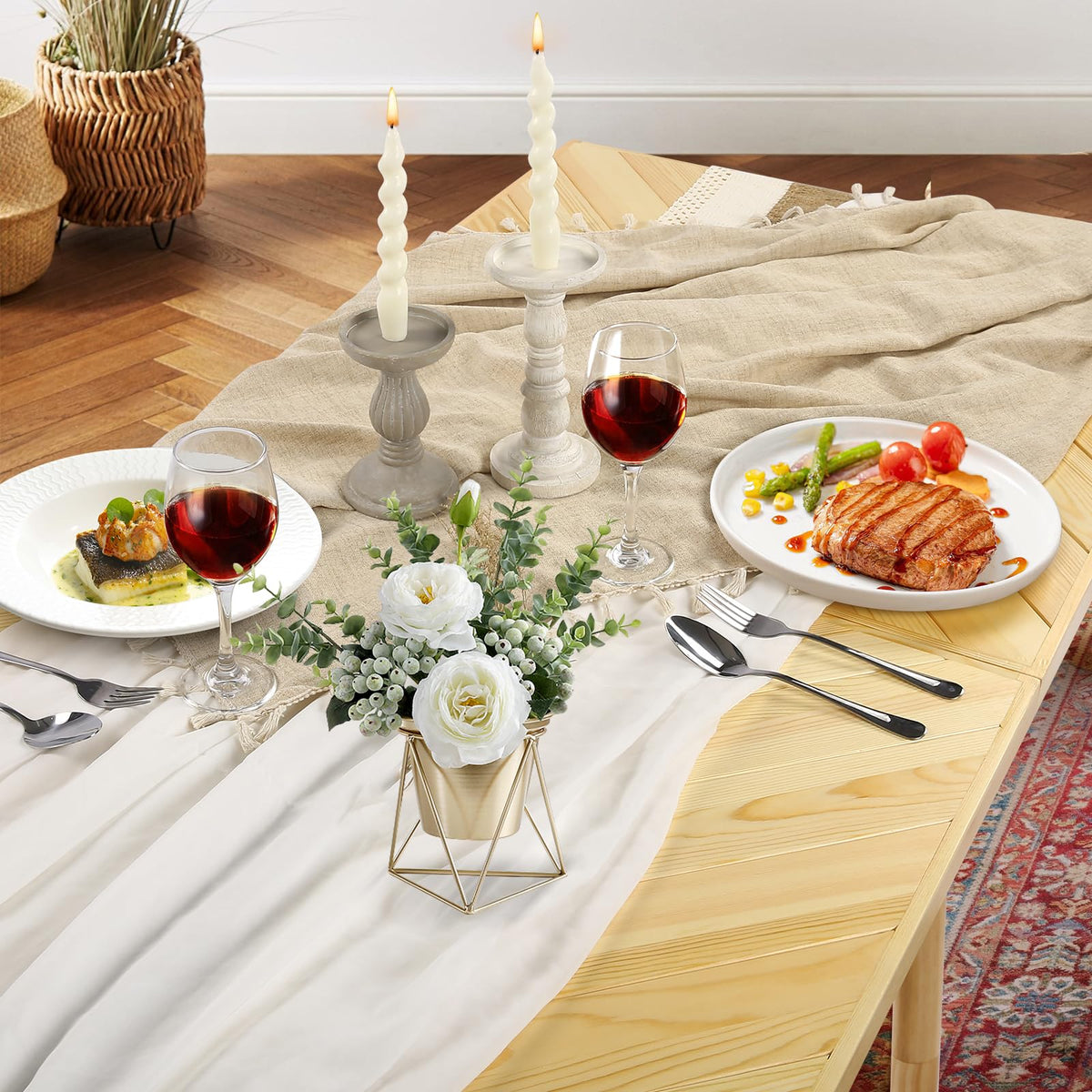 Folding Picnic Table with Table Runner, Portable Boho Low Picnic Table for Indoor Outdoor, 60" x 30" Wooden Table with Adjustable Heights for Camping, Wedding, Beach, Garden, Party(Large Size for 6)