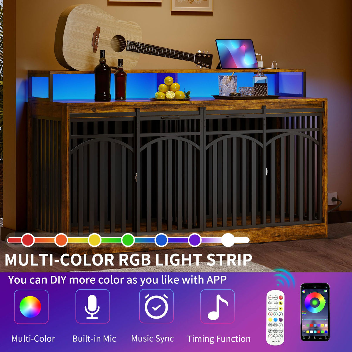 DWVO 71" Double Dog Crate Furniture with LED Light & Power Outlets, Heavy Duty Dual Dog Kennel TV Stand w Storage Shelves Sliding Doors, Wooden Two Dog Cage Table 2 Medium Large Dogs, Rustic Brown