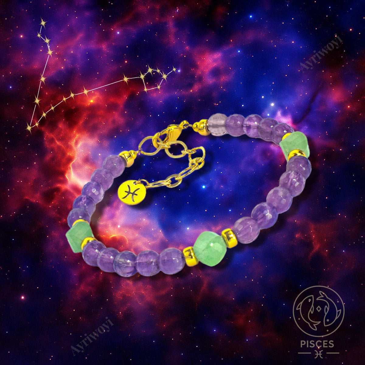 Ayriwoyi Pisces Zodiac Bracelet 12 Constellations Healing Crystal small Beads Birthstone Bracelets Amethyst Green Aventurine Beaded Bracelet Birthday Gift for Women