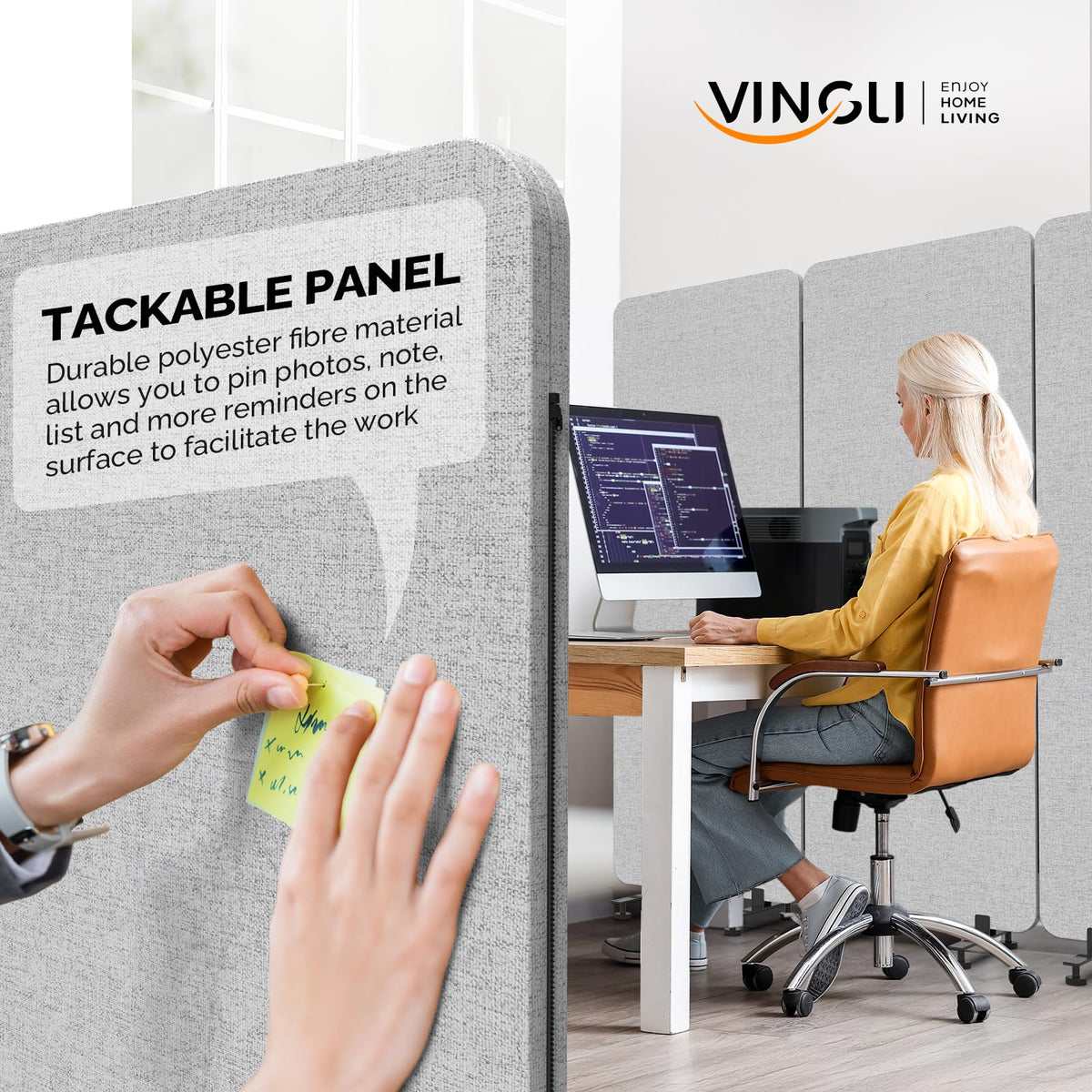 VINGLI Room Divider Screen, Freestanding Privacy Partition Wall, Zipper Connected Panels with Wheels, Office Space Separator (Light Gray, 3 Panel)