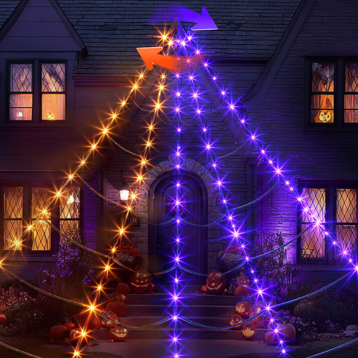 EAMBRITE Giant Spider Web Lights Halloween Decorations Outdoor with 135 LED Purple & Orange Lights, 17Ft Outside Huge Lighted Black Spider Web Halloween Light for Yard Party Haunted House Decor