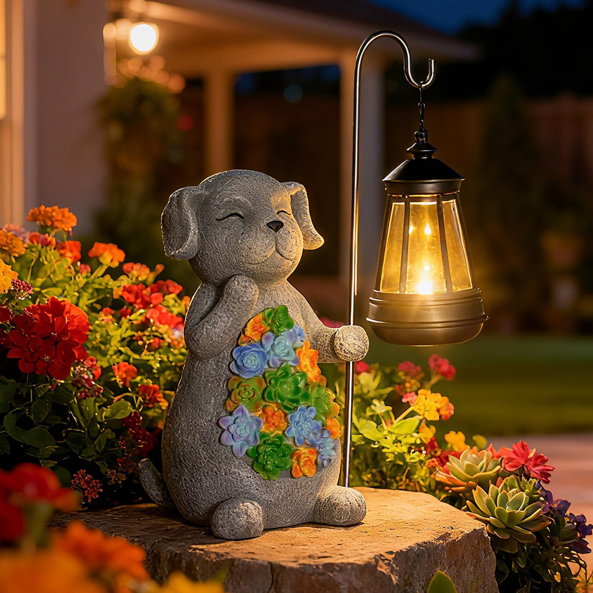Solar Dog Garden Statue with Lantern – Waterproof Resin Outdoor Decor for Yard, Lawn, Flower Bed, Backyard, Front Yard, Patio, Balcony – Gift for Dog Lovers
