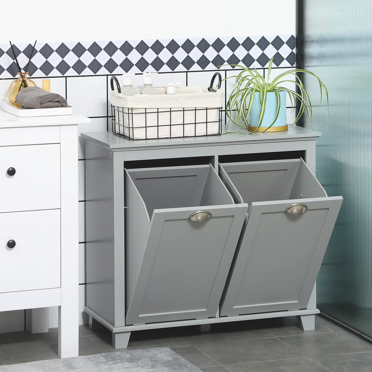 Tilt-Out Laundry Sorter Cabinet, Gray - Bathroom Floor Cabinet, Two-Compartment Hamper Organizer