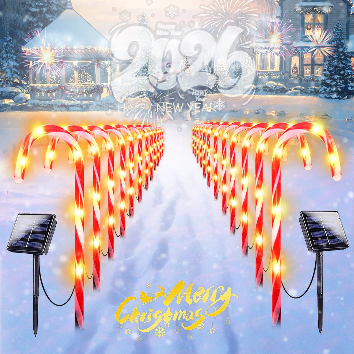 IDEAALS 24-Pack Solar Christmas Candy Cane Lights, Solar Pathway Lights Waterproof, Christmas Decorations Outdoor with 8 Modes for Party Patio Garden Lawn Yard Decor