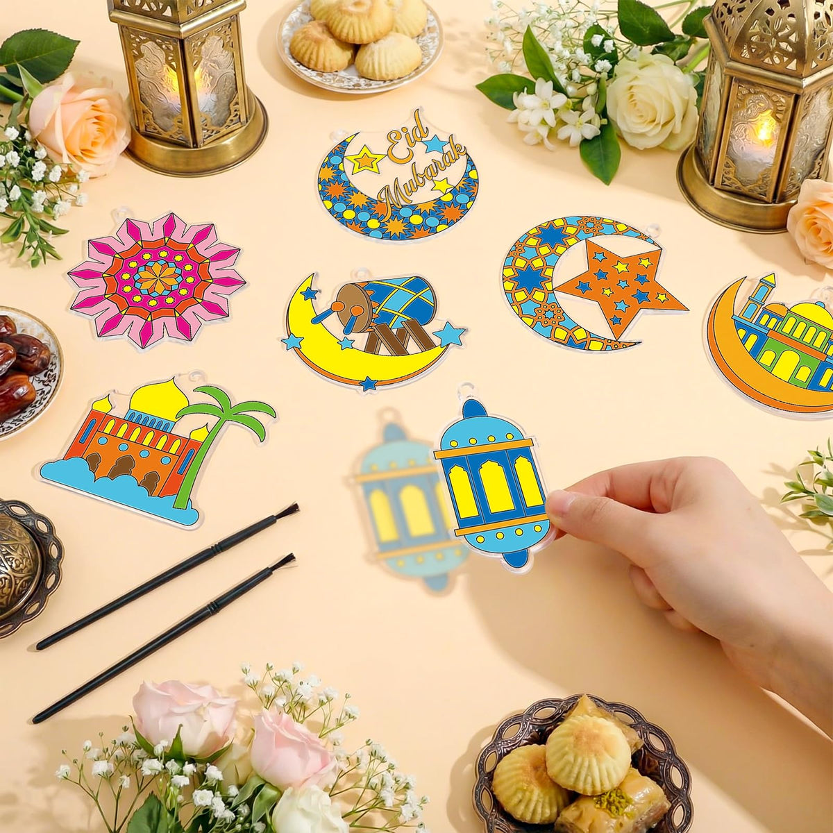 Beeveer 30 Sets Ramadan Suncatchers Art Kits DIY Eid Al Fitr Crescent Moon and Star Mosque Suncatcher Crafts Paint Your Own Window Ornaments for Boys Girls Islamic Eid Mubarak Activities Party Favor