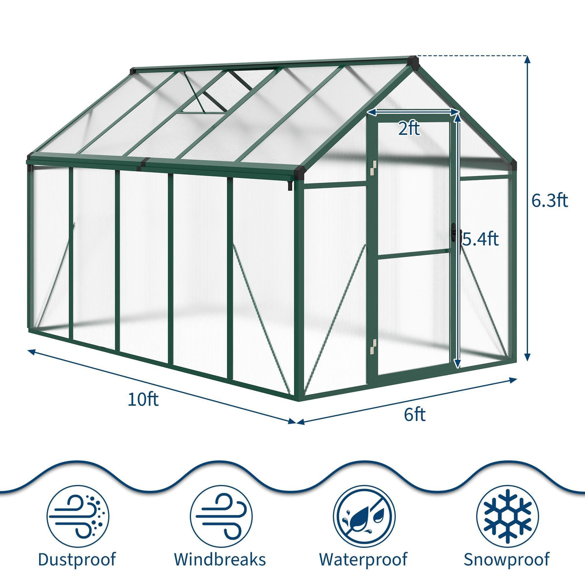 6X10 FT Greenhouse for Outdoors, Polycarbonate Flower Greenhouse with Roof Vent, Push-Pull Lockable Door, Aluminum Walk-in Greenhouses for Outside Garden Backyard, Patio, Lawn, Green