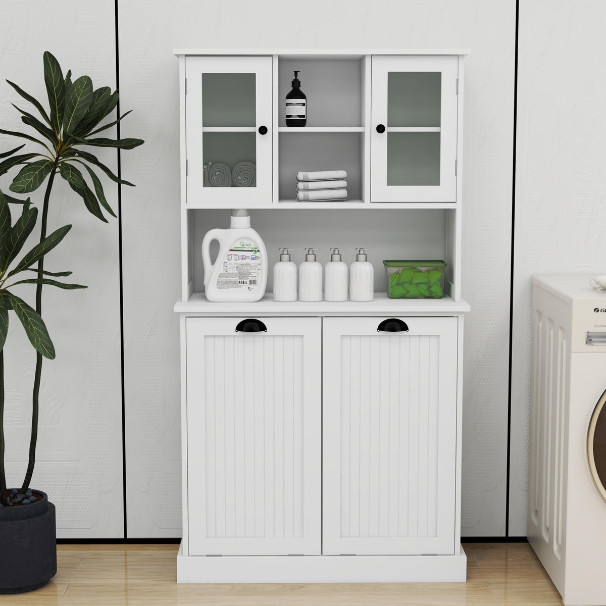 Gecheer Two-Compartment Tilt-Out Dirty Laundry Basket Cabinet - Space-Saving and Functional Storage Cabinet Organizer, Storage Unit Shelves, for Bathroom Living Room Dining Kitchen YJXW1120S00001