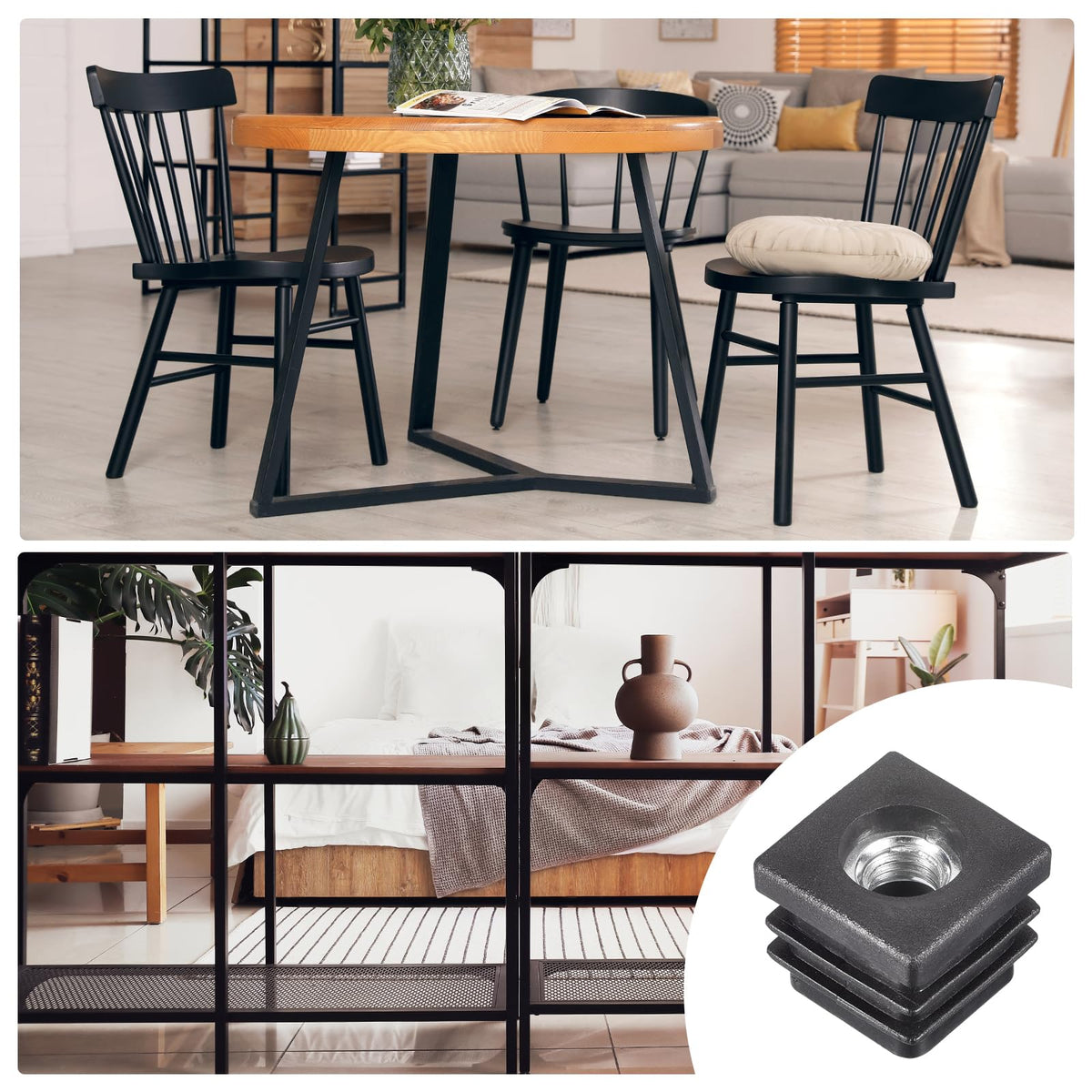 uxcell 4Pcs Inserts for Tubes with M8 Thread, for 0.79"x0.79" OD Square Tube, Square Black Plastic Plug Caster Insert Chair End Caps Furniture Leg Plug