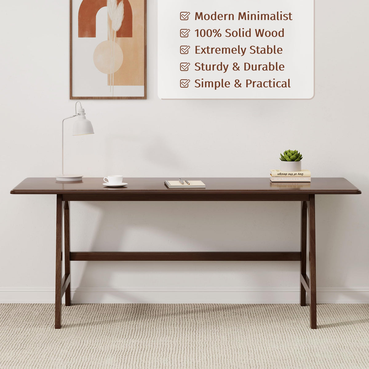 IOTXY Solid Wood Writing Table - 48" W x 24" D Minimalist Computer Desk for Home Office, Work, Study, Creativity, and PC Workstation, Walnut
