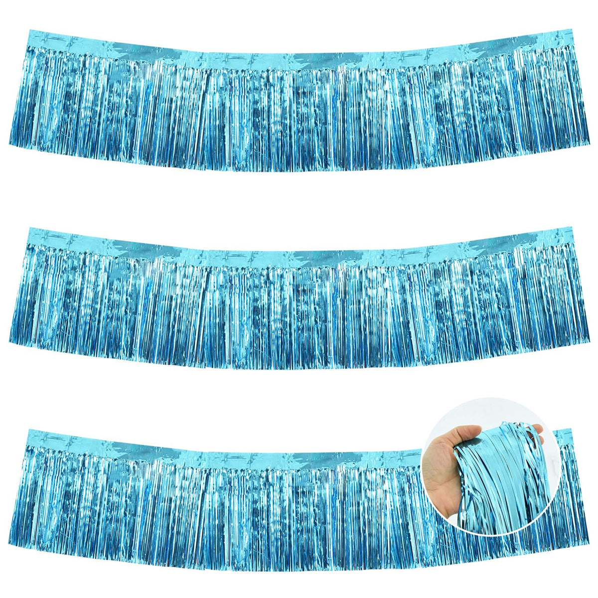 BEISHIDA 3 Packs Metallic Foil Fringe Garland Baby Blue Wall Hanging Tinsel Fringe Banners for Car Floats Bridal Shower Wedding Birthday Easter Graduation Holiday Party Decoration(30 Feet)
