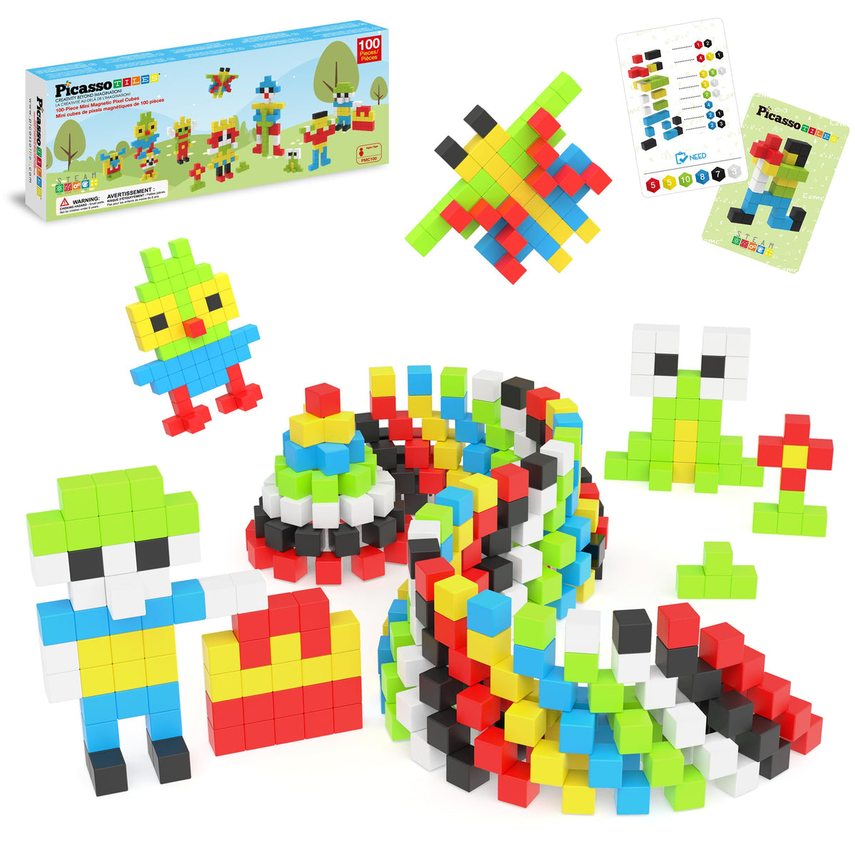 PicassoTiles 100pcs 0.5” Pixel Magnetic Puzzle Cube Mix & Match Cubes Sensory Toys STEAM Education Learning Building Block Magnets Children Construction Toy Set Stacking Magnet Creative Kit PMC100