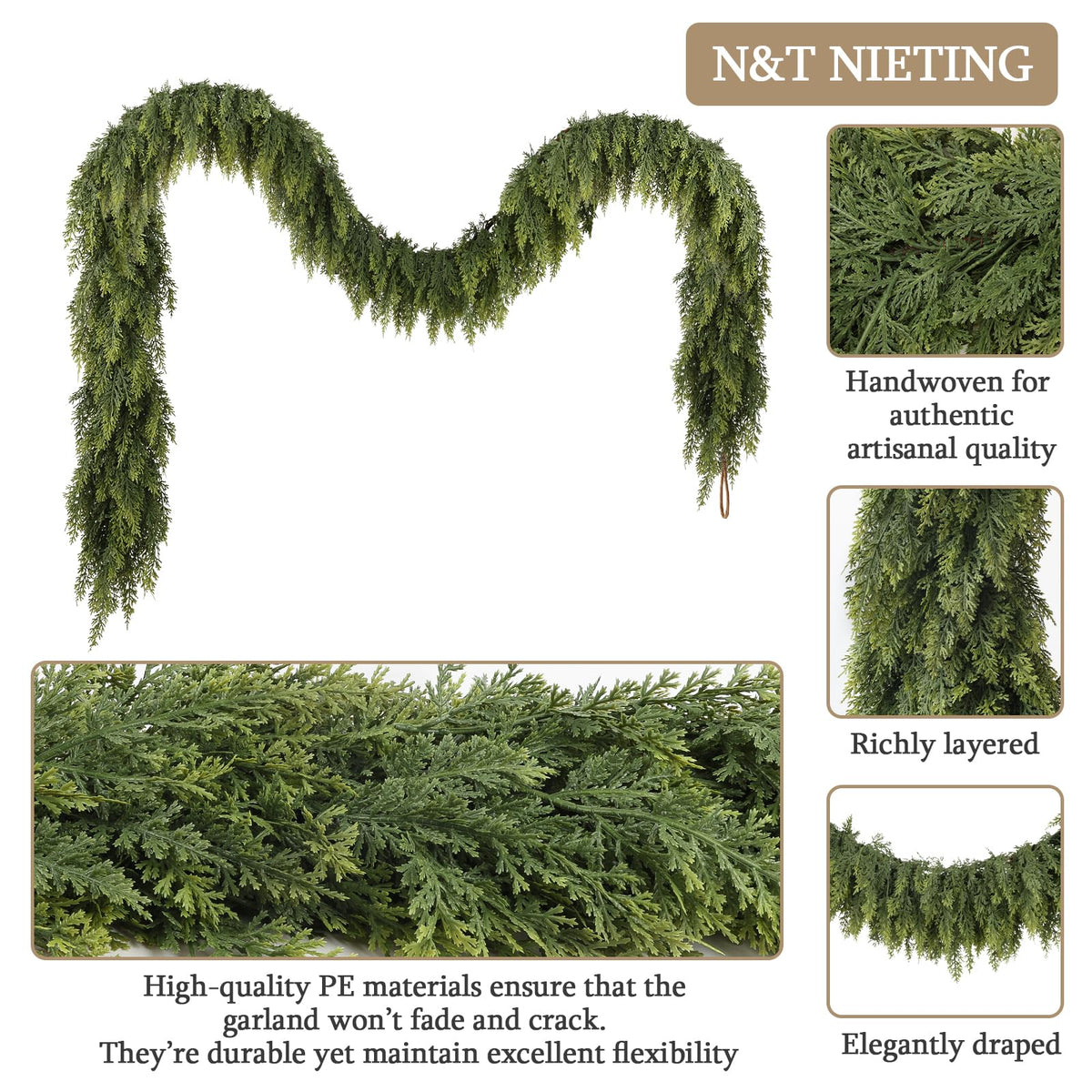 N&T NIETING 9ft Christmas Cedar Garland with Realistic Soft Thickness Pine, Artificial Green Faux Cedar Pine Garland for Fireplace Mantle Fireplace Indoor Outdoor Holiday Party Home Decoration