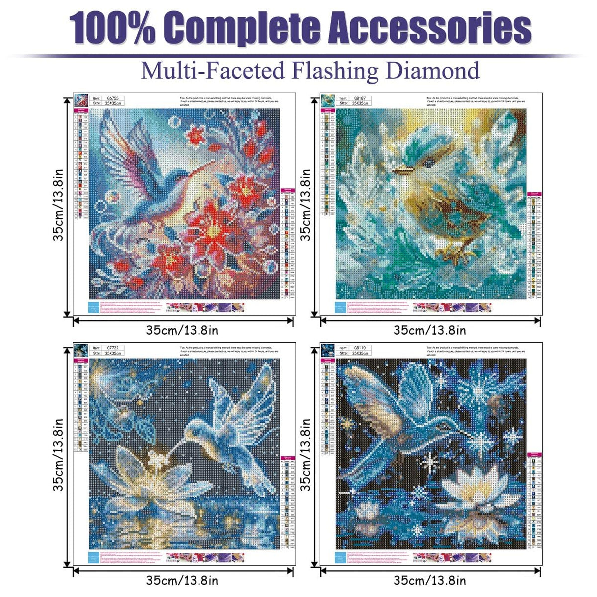 CEUHROG 4Pack Hummingbird Diamond Art Kits for Adults,DIY Bird Diamond Painting Kits Round Diamond Dots for Adults,5D Full Drill Painting Kit Art and Crafts for Adult Home Wall Decor14X14inch