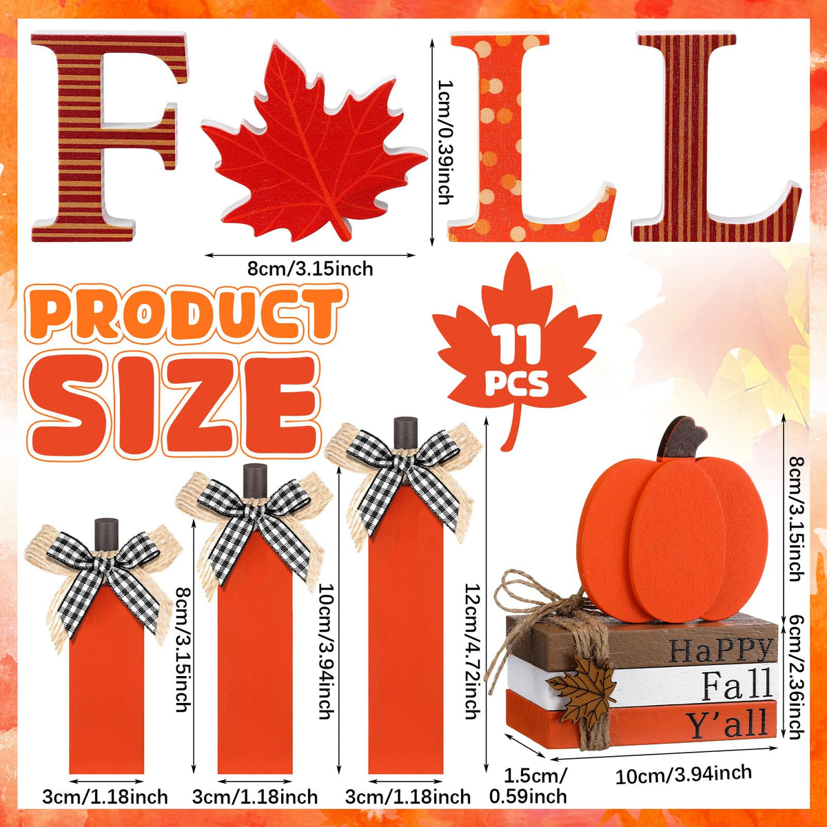 FoldTier 11pcs Thanksgiving Fall Decorations for Home Pumpkin Tiered Tray Decor Fall Table Decoration Maple Leaf Wooden Sign Autumn Pumpkin Tabletop Stack Faux Books Centerpiece for Shelf Harvest