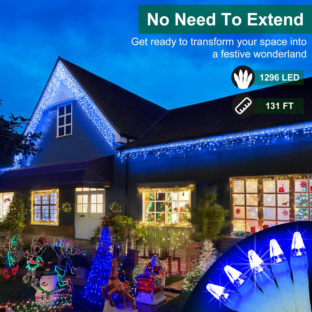 1296 LED Outdoor Christmas Lights with 288 Drops, 131FT Christmas Fairy Lights with 8 Modes Timer, Twinkly Lights IP44 Waterproof for Eaves Yard Room Holiday Wedding Party Decor (Blue)