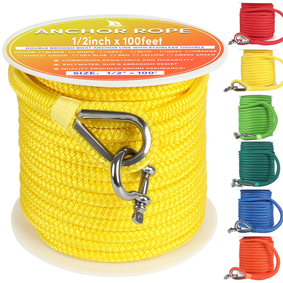 VEITHI Boat Anchor Rope 100 ft x 1/2 inch Yellow, Double Braided Anchor Line with Stainless Steel Thimble & Shackle, Marine Rope Ideal for Towing,Mooring,Decks,Anchoring,for Boats Up to 35'