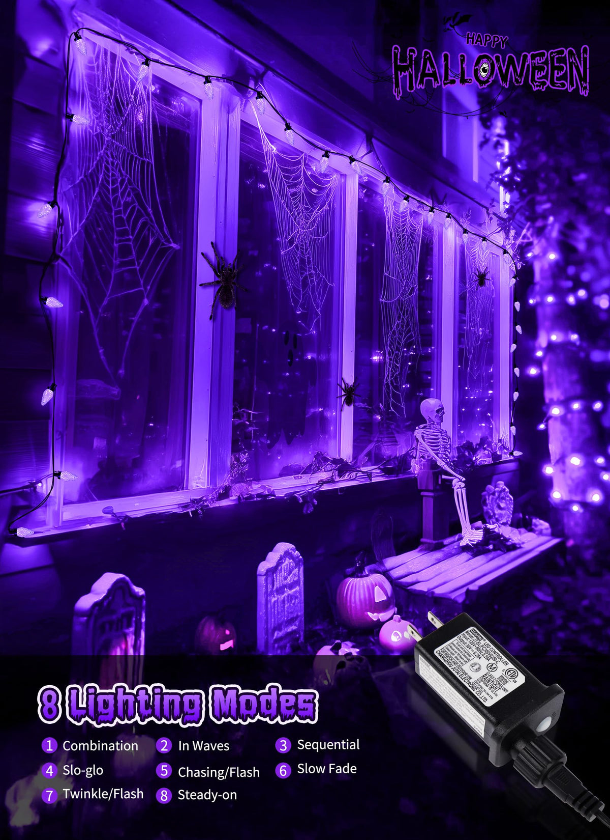 Brightown Halloween C9 LED Purple String Lights, 114FT 150 LED Halloween Lights with Timer & 8 Modes, Plug-in Waterproof Connectable Outdoor Lighting for House Patio Yard Porch Roof