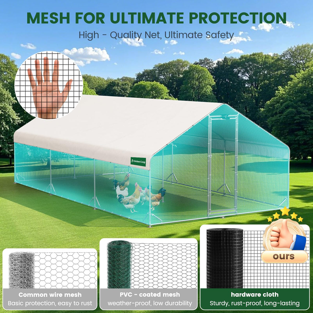 Large Walk-in Metal Chicken Coop with Chicken Run & Hardware Cloth, Solar Light, Waterproof & UV-Resistant Cover, Outdoor Poultry Cage for Farm Use, 3 Room