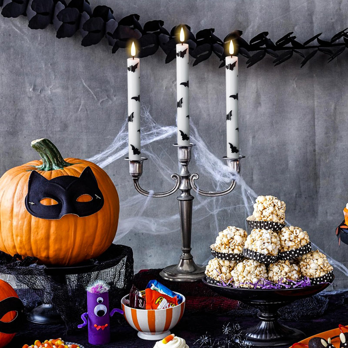 GenSwin Halloween Flameless Taper Candles, 4 Pack LED Taper Candles Battery Operated with Remote Timer, Real Wax White Flickering Flameless Candlesticks with Bat Prints for Spooky Decor(0.75” x 9.65”)