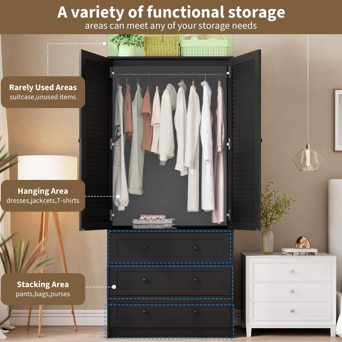 GarveeHome Armoire Wardrobe Closet with 3 Drawers, 69.5" Wooden Wardrobe Cabinet, Hanging Rod, 2 Doors Clothing Storage Cabinet for Bedroom, Large Capacity Storage, Louvered Door, Black