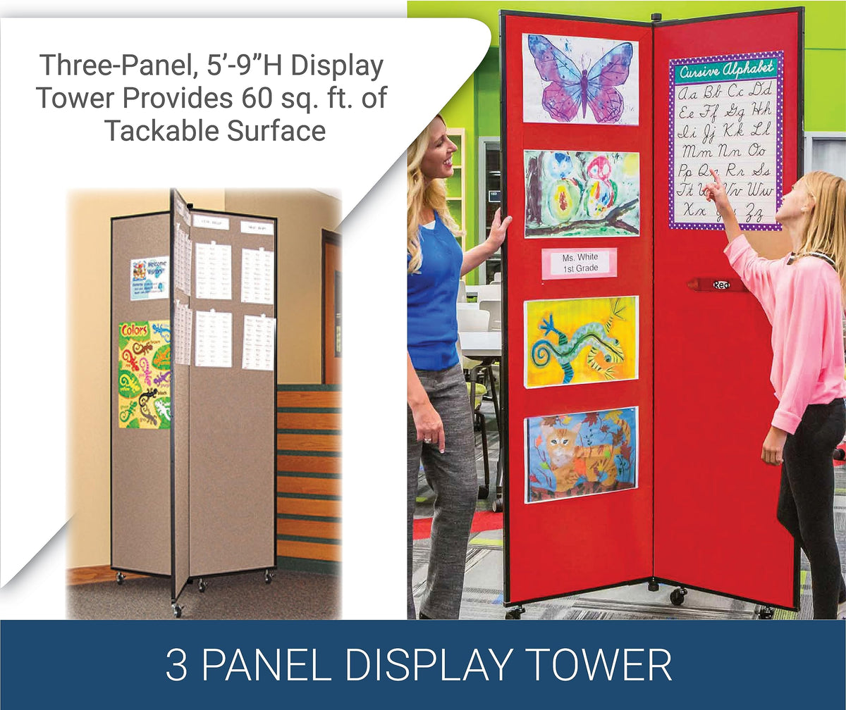 Screenflex Display Towers, Portable Wall Divider Boards for Art Show Partitions, Classroom Panels and Offices - 5'9”H x 3'1”W - 3 Panels - Select Black Fabric
