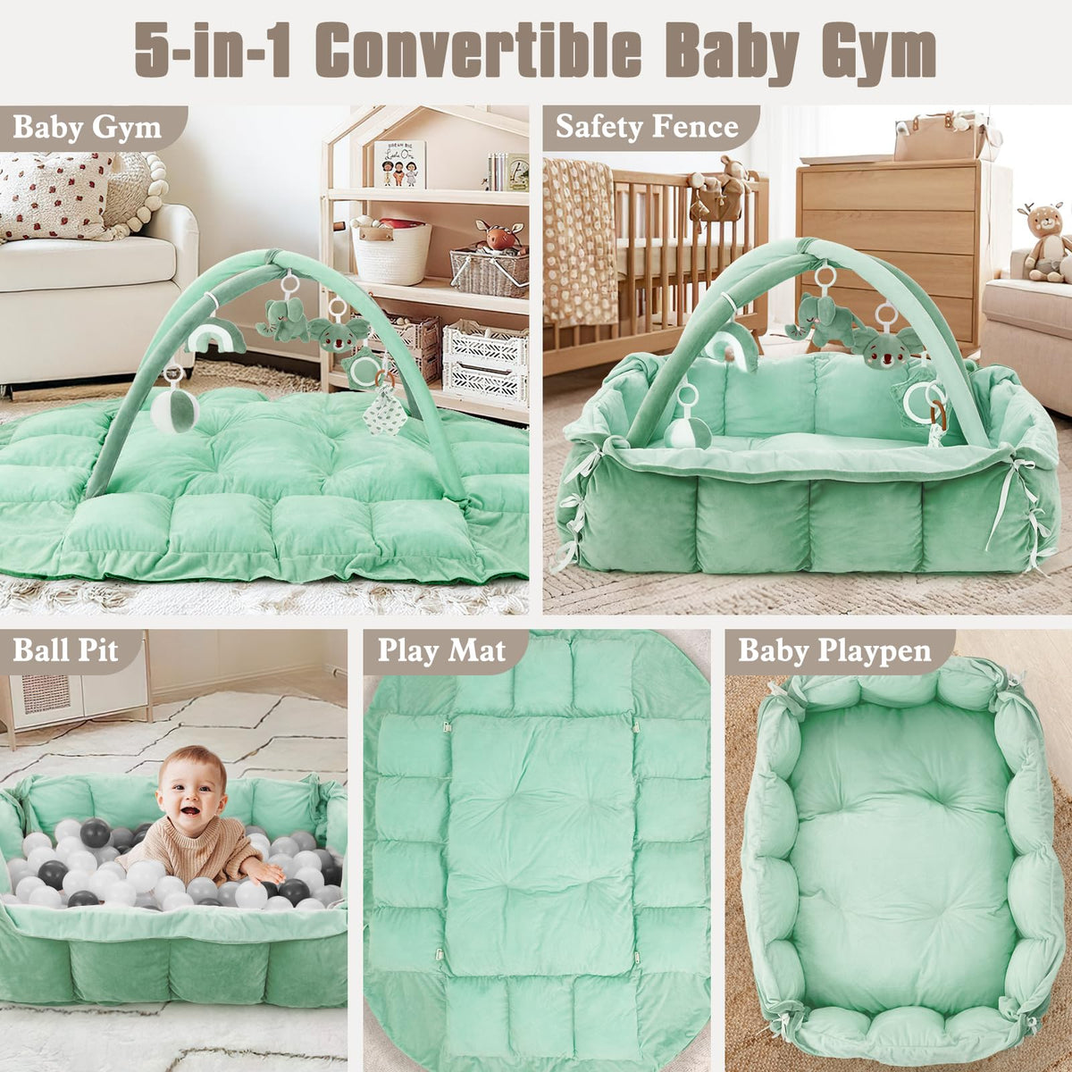 5-in-1 Plush Baby Play Gym, Baby Play Mats, Convertible Baby Gym, Tummy time mat, 6 Sensory Toys, Activity Center, Ball Pit, Sage Green