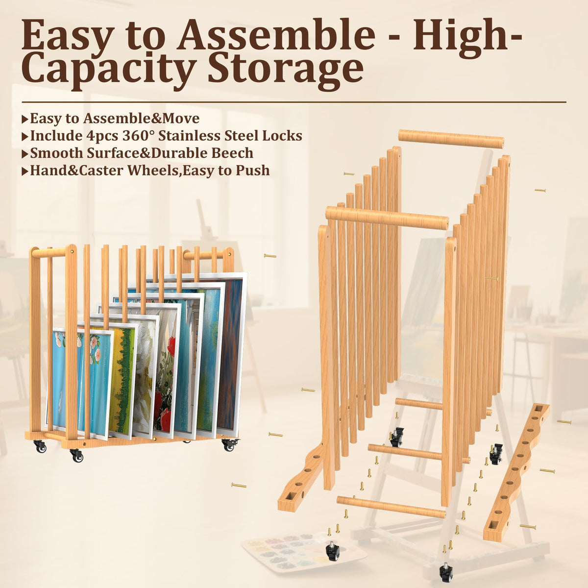 BERPET Wood Art Drying Rack, Canvas Storage Rack with Handle and Caster Wheels for Drawing Board, Panel, Paper Pad and Art Studios, Artworks, Gallery