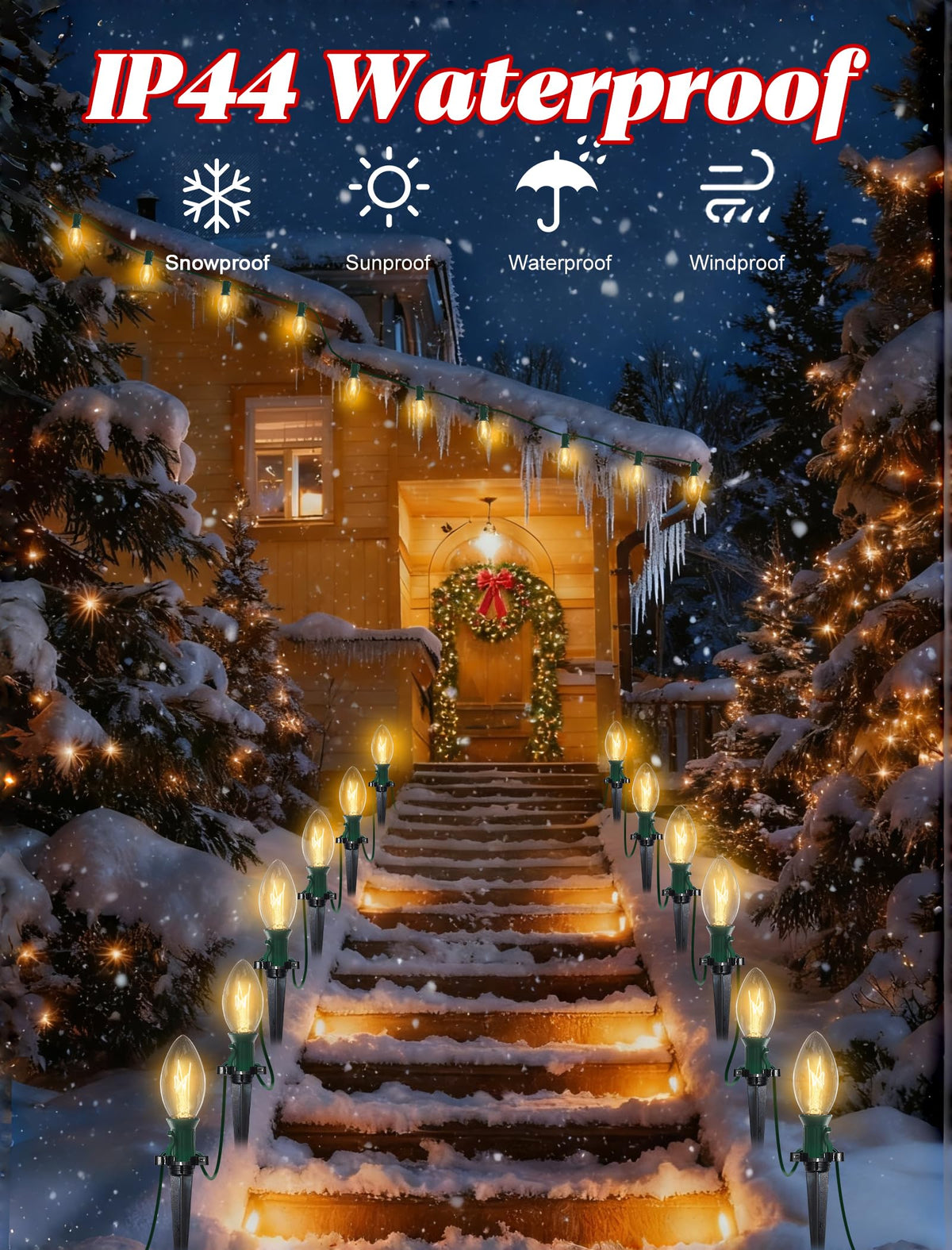 38FT C9 Christmas Pathway Lights Outdoor,25 Pack Warm White Connectable Weatherproof Christmas Walkway Lights with C9 Bulbs and Stakes for Driveway Yard Lawn Sidewalk Decorations